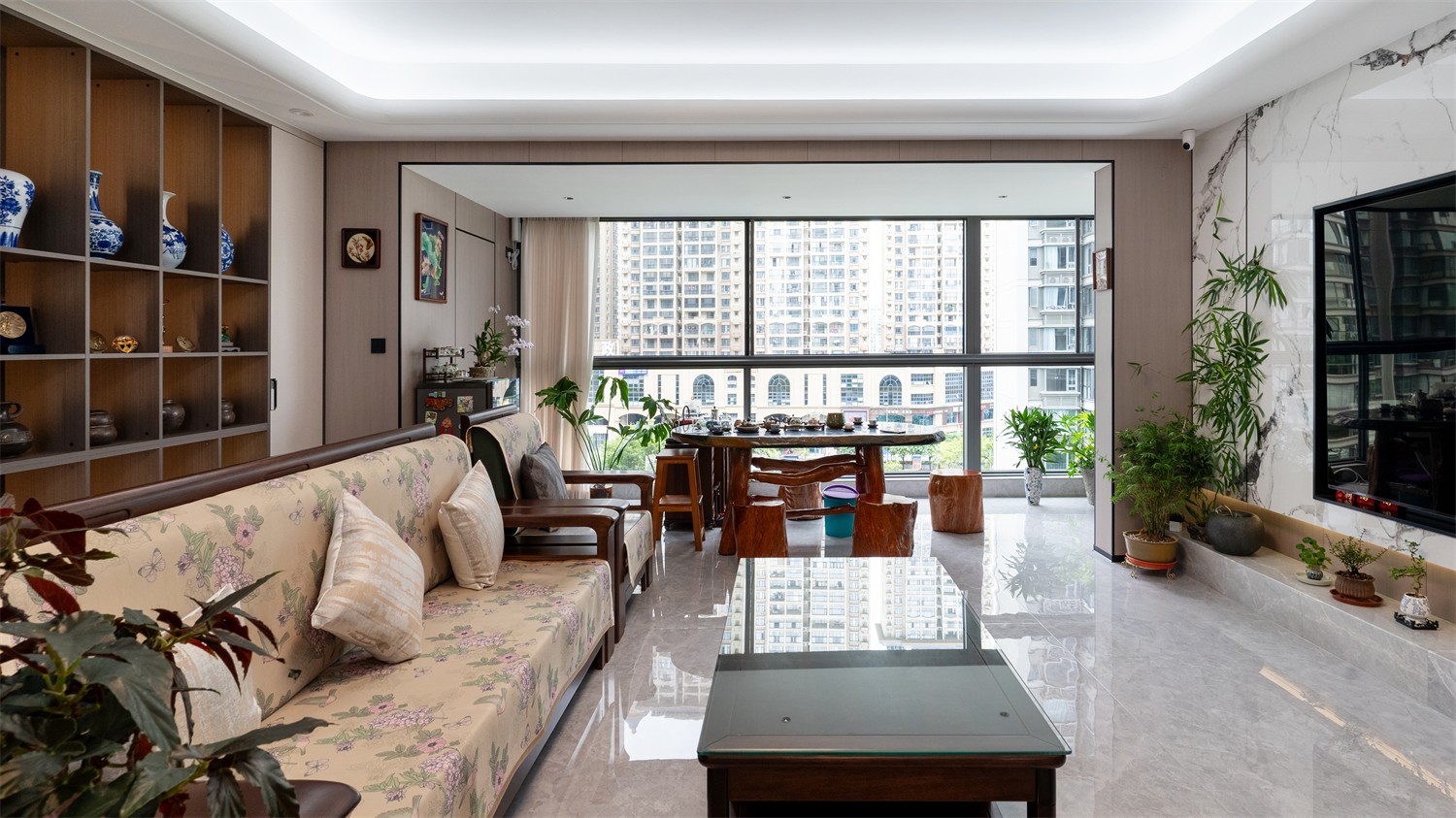 建發(fā)縵云210平新中式客廳裝修完工實(shí)景圖